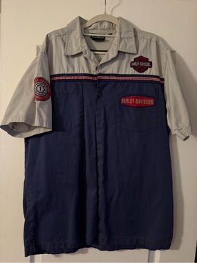 Vintage Harley Davidson Shirt Mens L Blue Racing Logo Motor Clothes Button Up